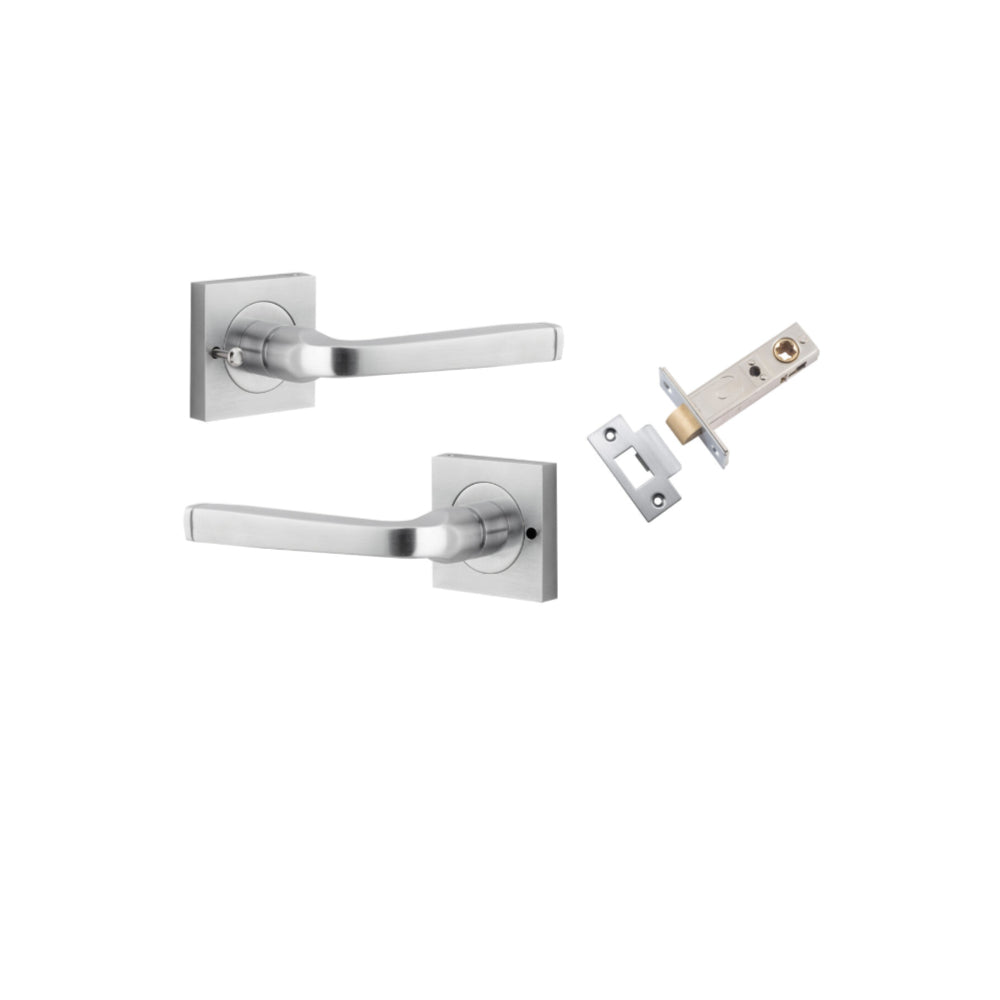 Door Lever Annecy Square Rose Inbuilt Privacy Pair Brushed Chrome H52xW52xP65mm with Tube Latch Privacy with Faceplate & T Striker Backset 60mm in Brushed Chrome