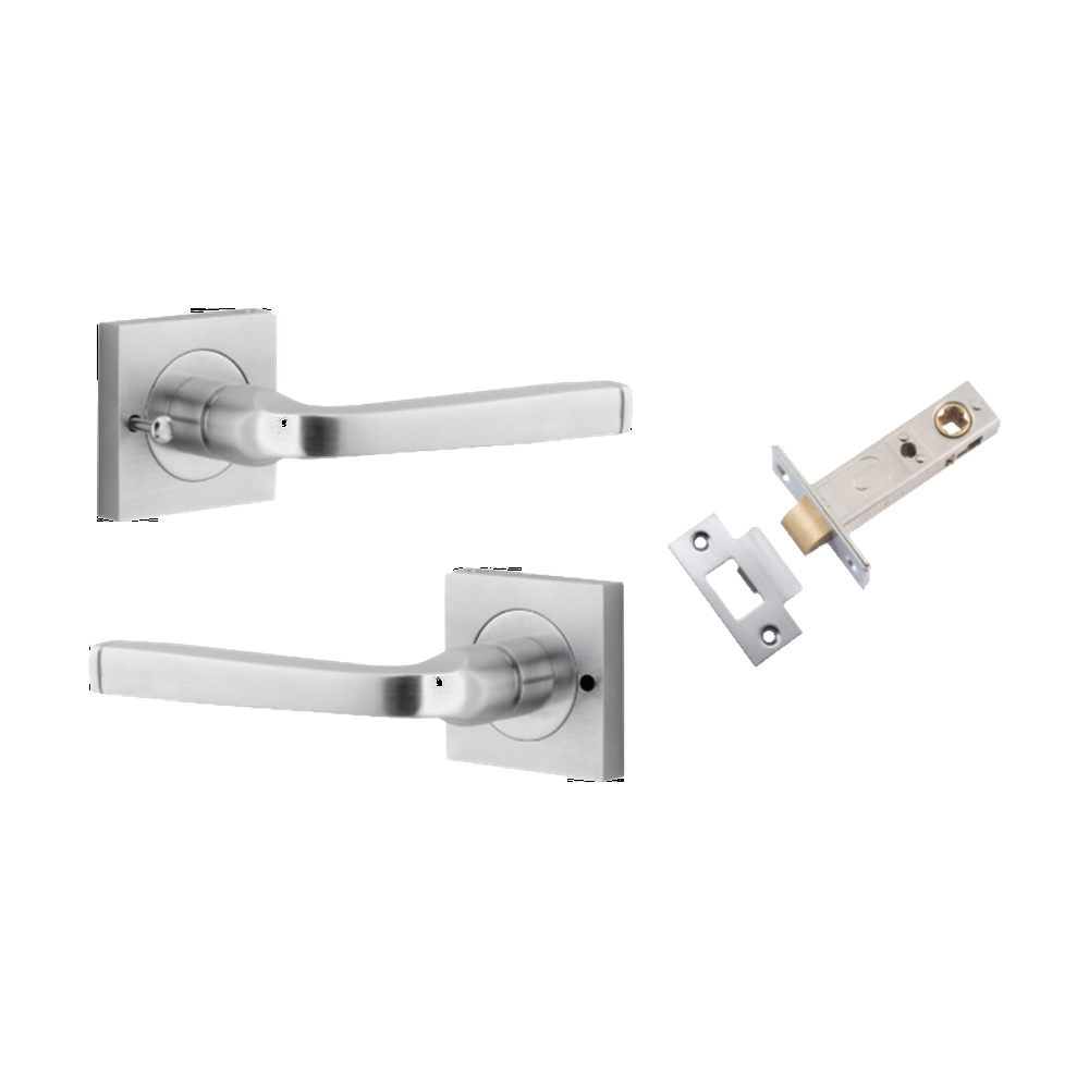 Door Lever Annecy Square Rose Inbuilt Privacy Pair Brushed Chrome H52xW52xP65mm with Tube Latch Privacy with Faceplate & T Striker Backset 60mm in Brushed Chrome