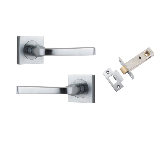 Door Lever Annecy Square Rose Pair Brushed Chrome H52xW52xP65mm Passage Kit, Tube Latch Split Cam 'T' Striker Brushed Chrome Backset 60mm in Brushed Chrome