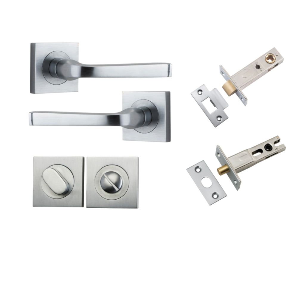 Door Lever Annecy Square Rose Pair Brushed Chrome H52xW52xP65mm Privacy Kit, Tube Latch Split Cam 'T' Striker Brushed Chrome Backset 60mm, Privacy Bolt Round Bolt Brushed Chrome Backset 60mm, Privacy Turn Oval Concealed Fix Square Brushed Chrome H… in Bru