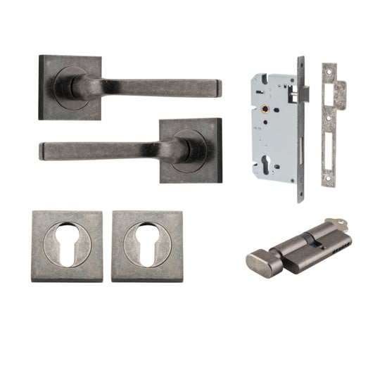 Door Lever Annecy Square Rose Pair Distressed Nickel H52xW52xP65mm Entrance Kit, Mortice Lock Euro Distressed Nickel CTC85mm Backset 60mm, Euro Cylinder Key Thumb 6 Pin Distressed Nickel L70mm KA1, Escutcheon Euro Concealed Fix Square Pair Distres… in Dis
