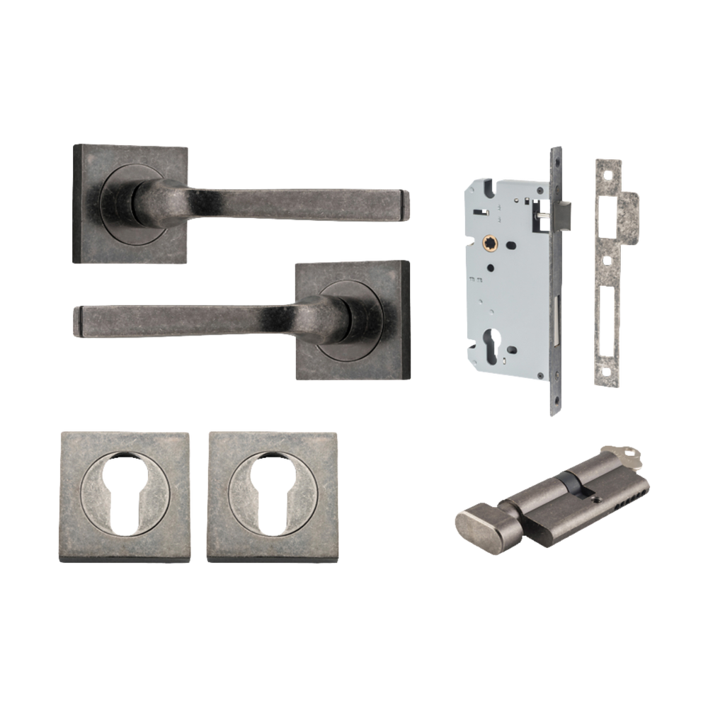 Door Lever Annecy Square Rose Pair Distressed Nickel H52xW52xP65mm Entrance Kit, Mortice Lock Euro Distressed Nickel CTC85mm Backset 60mm, Euro Cylinder Key Thumb 6 Pin Distressed Nickel L70mm KA1, Escutcheon Euro Concealed Fix Square Pair Distres… in Distressed Nickel