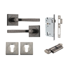 Door Lever Annecy Square Rose Pair Distressed Nickel H52xW52xP65mm Entrance Kit, Mortice Lock Euro Distressed Nickel CTC85mm Backset 60mm, Euro Cylinder Key Thumb 6 Pin Distressed Nickel L70mm KA1, Escutcheon Euro Concealed Fix Square Pair Distres… in Distressed Nickel