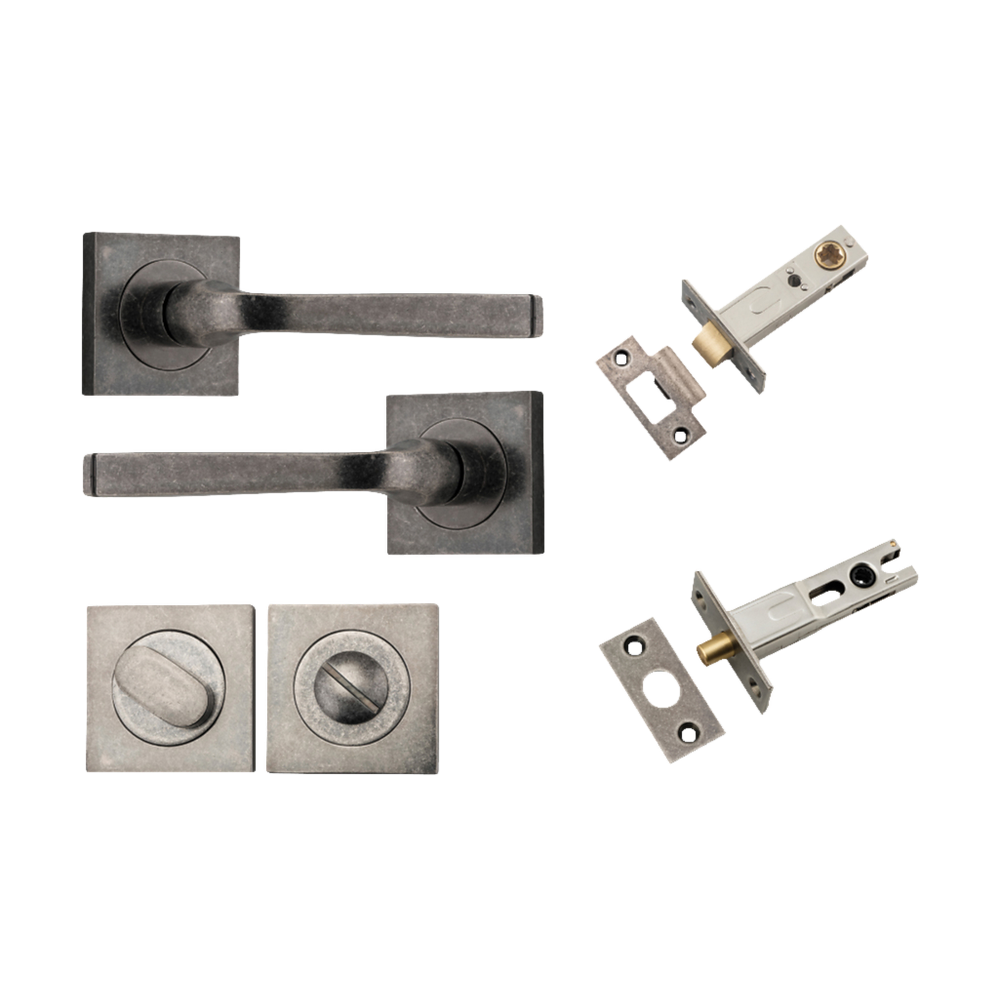 Door Lever Annecy Square Rose Pair Distressed Nickel H52xW52xP65mm Privacy Kit, Tube Latch Split Cam 'T' Striker Distressed Nickel Backset 60mm, Privacy Bolt Round Bolt Distressed Nickel Backset 60mm, Privacy Turn Oval Concealed Fix Square Distres… in Distressed Nickel