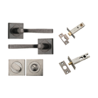 Door Lever Annecy Square Rose Pair Distressed Nickel H52xW52xP65mm Privacy Kit, Tube Latch Split Cam 'T' Striker Distressed Nickel Backset 60mm, Privacy Bolt Round Bolt Distressed Nickel Backset 60mm, Privacy Turn Oval Concealed Fix Square Distres… in Distressed Nickel