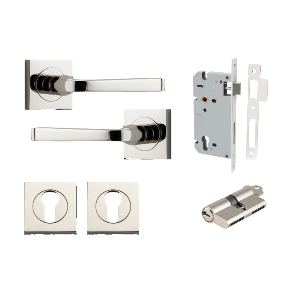 Door Lever Annecy Square Rose Pair Polished Nickel H52xW52xP65mm Entrance Kit, Mortice Lock Euro Polished Nickel CTC85mm Backset 60mm, Euro Cylinder Dual Function 5 Pin Polished Nickel L65mm KA1, Escutcheon Euro Concealed Fix Square Pair Polished … in Polished Nickel