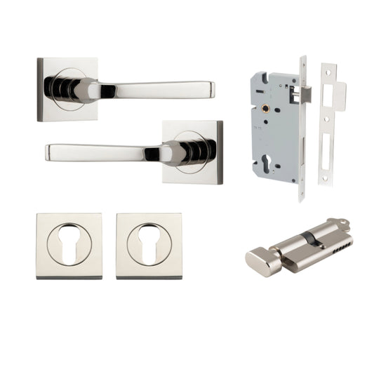 Door Lever Annecy Square Rose Pair Polished Nickel H52xW52xP65mm Entrance Kit, Mortice Lock Euro Polished Nickel CTC85mm Backset 60mm, Euro Cylinder Key Thumb 6 Pin Polished Nickel L70mm KA1, Escutcheon Euro Concealed Fix Square Pair Polished Nick… in Pol