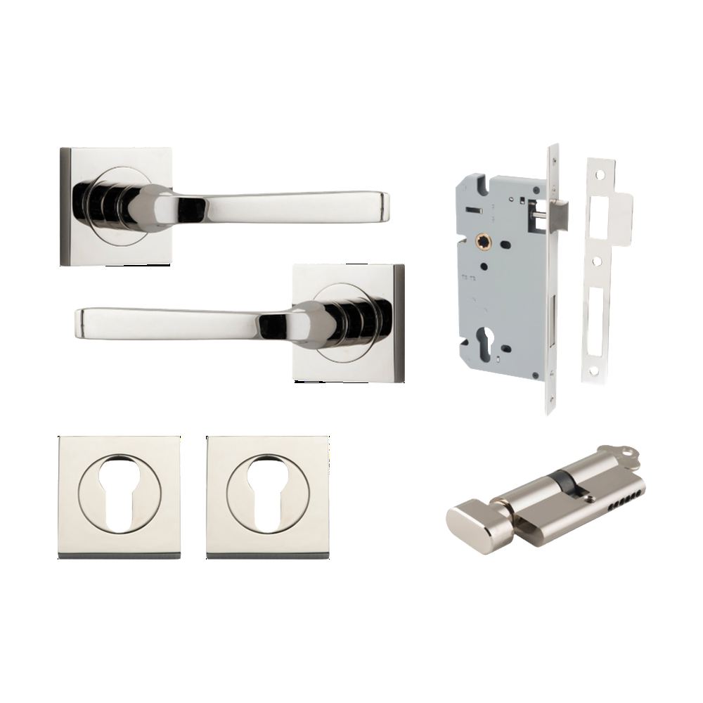 Door Lever Annecy Square Rose Pair Polished Nickel H52xW52xP65mm Entrance Kit, Mortice Lock Euro Polished Nickel CTC85mm Backset 60mm, Euro Cylinder Key Thumb 6 Pin Polished Nickel L70mm KA1, Escutcheon Euro Concealed Fix Square Pair Polished Nick… in Polished Nickel