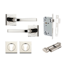 Door Lever Annecy Square Rose Pair Polished Nickel H52xW52xP65mm Entrance Kit, Mortice Lock Euro Polished Nickel CTC85mm Backset 60mm, Euro Cylinder Key Thumb 6 Pin Polished Nickel L70mm KA1, Escutcheon Euro Concealed Fix Square Pair Polished Nick… in Polished Nickel