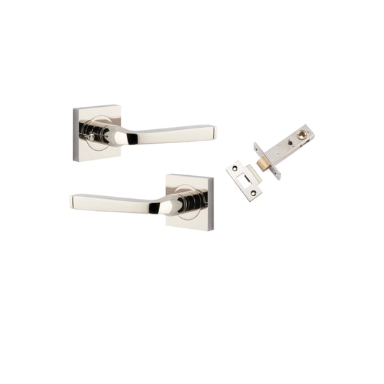 Door Lever Annecy Square Rose Inbuilt Privacy Pair Polished Nickel H52xW52xP65mm with Tube Latch Privacy with Faceplate & T Striker Backset 60mm in Polished Nickel