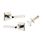 Door Lever Annecy Square Rose Inbuilt Privacy Pair Polished Nickel H52xW52xP65mm with Tube Latch Privacy with Faceplate & T Striker Backset 60mm in Polished Nickel