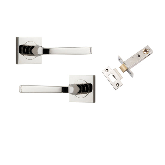 Door Lever Annecy Square Rose Pair Polished Nickel H52xW52xP65mm Passage Kit, Tube Latch Split Cam 'T' Striker Polished Nickel Backset 60mm in Polished Nickel