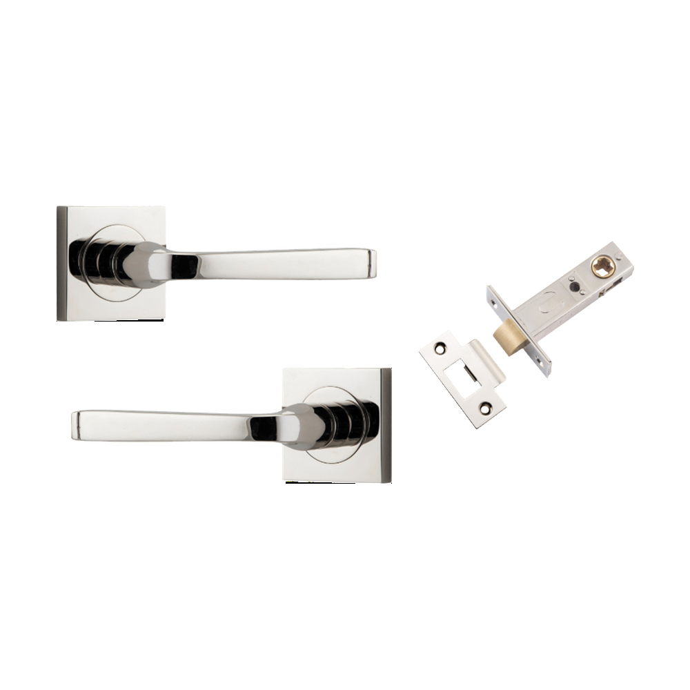 Door Lever Annecy Square Rose Pair Polished Nickel H52xW52xP65mm Passage Kit, Tube Latch Split Cam 'T' Striker Polished Nickel Backset 60mm in Polished Nickel