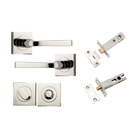 Door Lever Annecy Square Rose Pair Polished Nickel H52xW52xP65mm Privacy Kit, Tube Latch Split Cam 'T' Striker Polished Nickel Backset 60mm, Privacy Bolt Round Bolt Polished Nickel Backset 60mm, Privacy Turn Oval Concealed Fix Square Polished Nick… in Polished Nickel