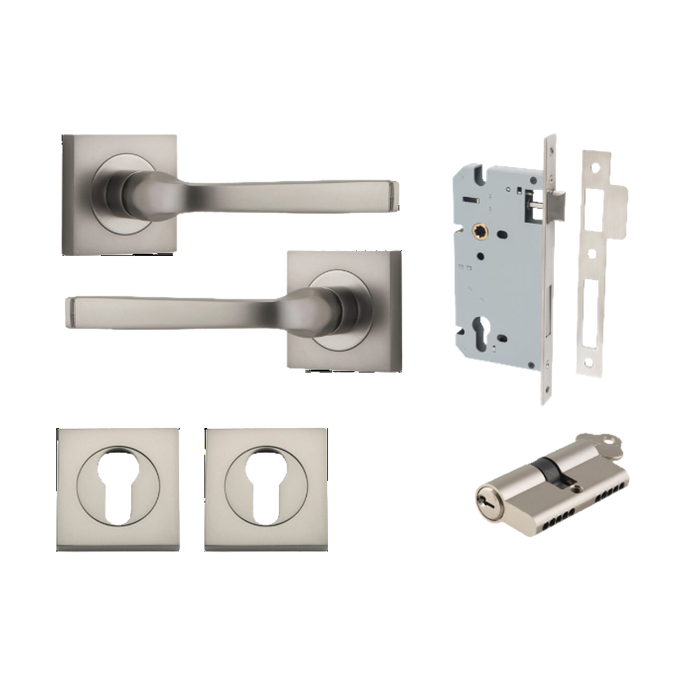 Door Lever Annecy Square Rose Pair Satin Nickel H52xW52xP65mm Entrance Kit, Mortice Lock Euro Satin Nickel CTC85mm Backset 60mm, Euro Cylinder Dual Function 5 Pin Satin Nickel L65mm KA1, Escutcheon Euro Concealed Fix Square Pair Satin Nickel H52xW… in Satin Nickel