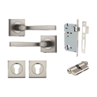Door Lever Annecy Square Rose Pair Satin Nickel H52xW52xP65mm Entrance Kit, Mortice Lock Euro Satin Nickel CTC85mm Backset 60mm, Euro Cylinder Dual Function 5 Pin Satin Nickel L65mm KA1, Escutcheon Euro Concealed Fix Square Pair Satin Nickel H52xW… in Satin Nickel