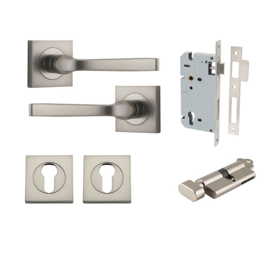 Door Lever Annecy Square Rose Pair Satin Nickel H52xW52xP65mm Entrance Kit, Mortice Lock Euro Satin Nickel CTC85mm Backset 60mm, Euro Cylinder Key Thumb 6 Pin Satin Nickel L70mm KA1, Escutcheon Euro Concealed Fix Square Pair Satin Nickel H52xW52xP… in Sat