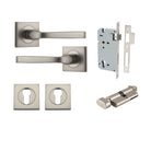 Door Lever Annecy Square Rose Pair Satin Nickel H52xW52xP65mm Entrance Kit, Mortice Lock Euro Satin Nickel CTC85mm Backset 60mm, Euro Cylinder Key Thumb 6 Pin Satin Nickel L70mm KA1, Escutcheon Euro Concealed Fix Square Pair Satin Nickel H52xW52xP… in Satin Nickel