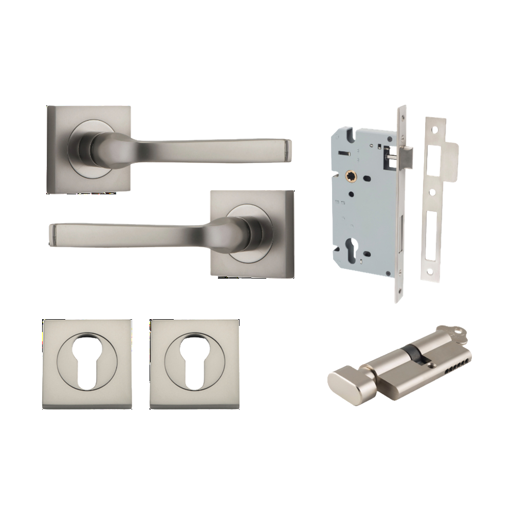 Door Lever Annecy Square Rose Pair Satin Nickel H52xW52xP65mm Entrance Kit, Mortice Lock Euro Satin Nickel CTC85mm Backset 60mm, Euro Cylinder Key Thumb 6 Pin Satin Nickel L70mm KA1, Escutcheon Euro Concealed Fix Square Pair Satin Nickel H52xW52xP… in Satin Nickel