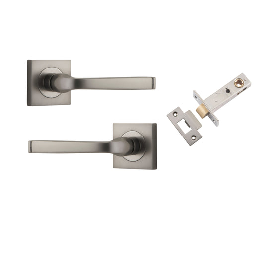 Door Lever Annecy Square Rose Pair Satin Nickel H52xW52xP65mm Passage Kit, Tube Latch Split Cam 'T' Striker Satin Nickel Backset 60mm in Satin Nickel