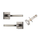 Door Lever Annecy Square Rose Pair Satin Nickel H52xW52xP65mm Passage Kit, Tube Latch Split Cam 'T' Striker Satin Nickel Backset 60mm in Satin Nickel