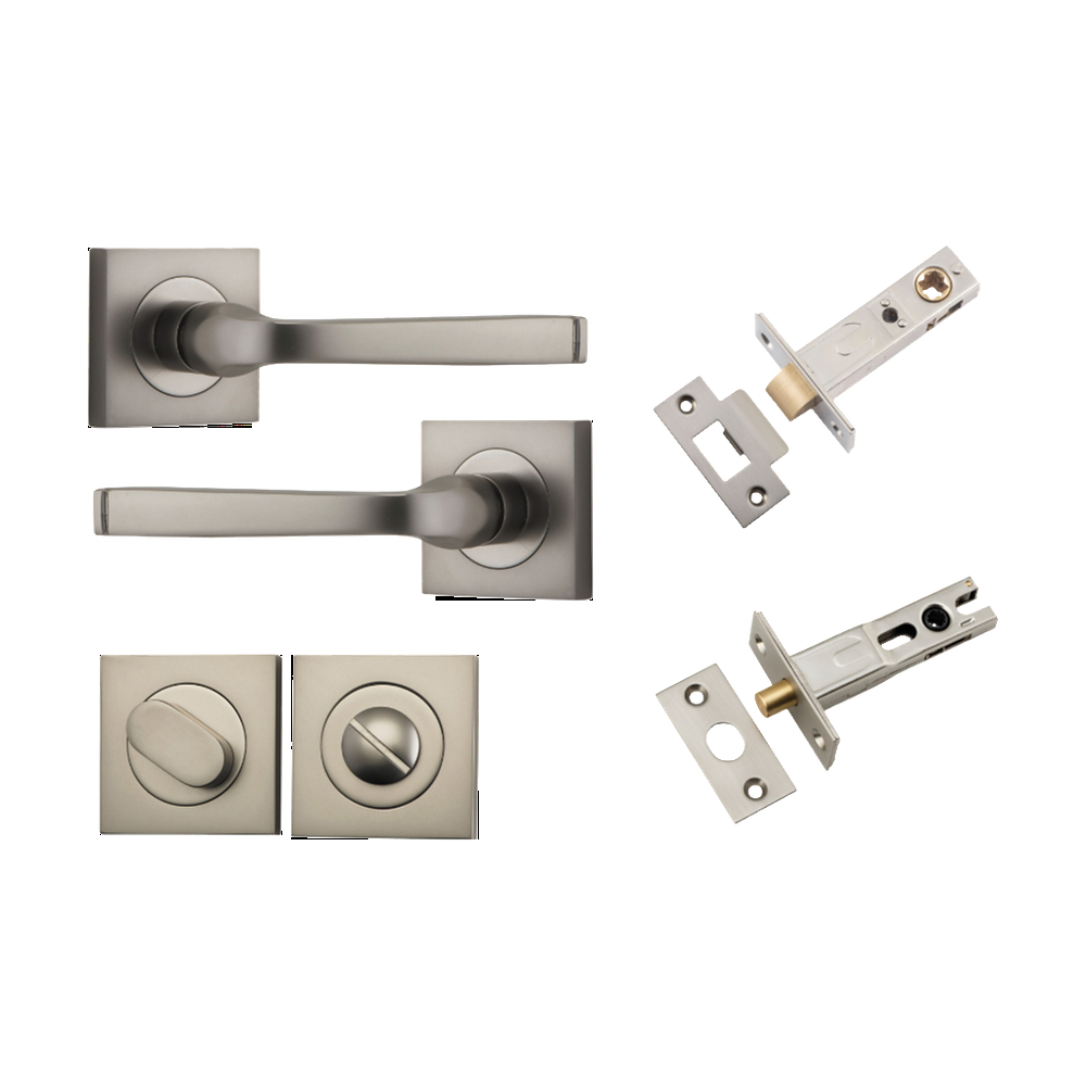 Door Lever Annecy Square Rose Pair Satin Nickel H52xW52xP65mm Privacy Kit, Tube Latch Split Cam 'T' Striker Satin Nickel Backset 60mm, Privacy Bolt Round Bolt Satin Nickel Backset 60mm, Privacy Turn Oval Concealed Fix Square Satin Nickel H52xW52xP… in Satin Nickel