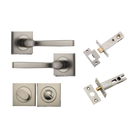 Door Lever Annecy Square Rose Pair Satin Nickel H52xW52xP65mm Privacy Kit, Tube Latch Split Cam 'T' Striker Satin Nickel Backset 60mm, Privacy Bolt Round Bolt Satin Nickel Backset 60mm, Privacy Turn Oval Concealed Fix Square Satin Nickel H52xW52xP… in Satin Nickel