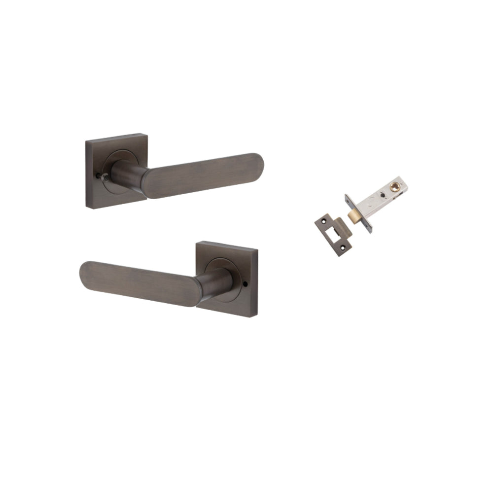 Door Lever Bronte Rose Square Signature Brass L117xP56mm BPH52xW52mm Inbuilt Privacy Kit, Tube Latch Privacy with Faceplate & T striker Backset 60mm in Signature Brass