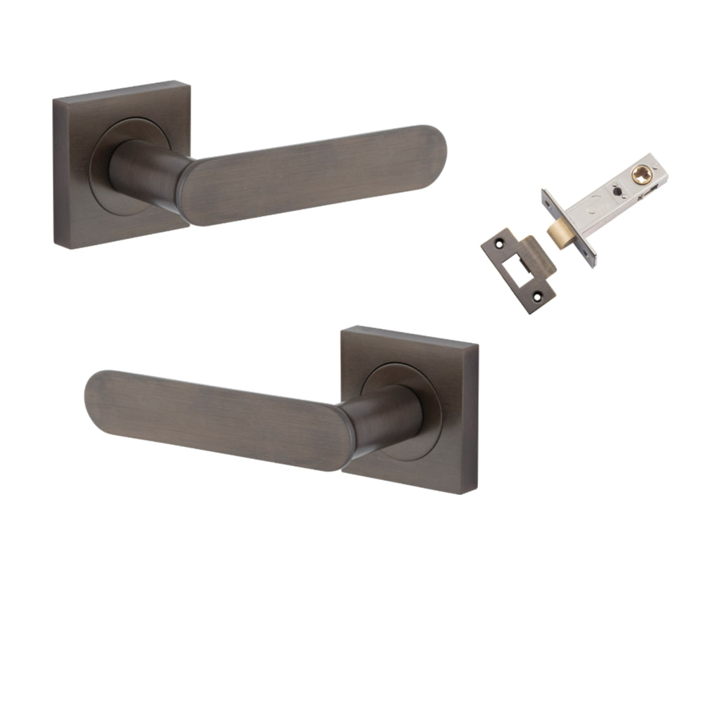 Door Lever Bronte Rose Square Signature Brass L117xP56mm BPH52xW52mm Passage Kit, Tube Latch Split Cam 'T' Striker Signature Brass Backset 60mm in Signature Brass