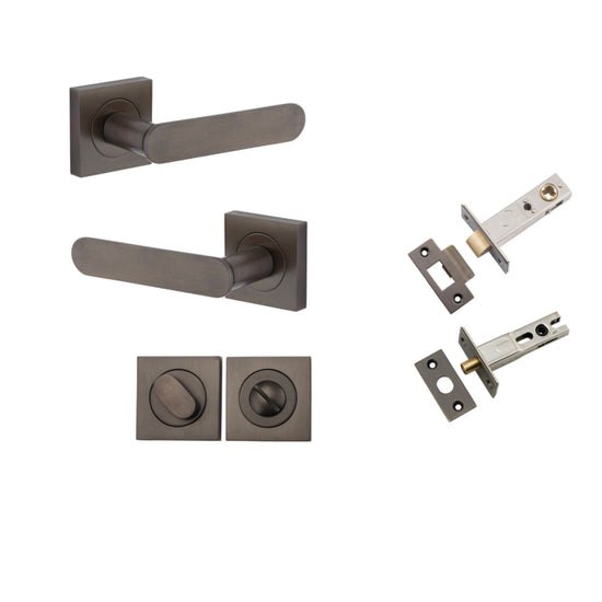 Door Lever Bronte Rose Square Signature Brass L117xP56mm BPH52xW52mm Privacy Kit, Tube Latch Split Cam 'T' Striker Signature Brass Backset 60mm, Privacy Bolt Round Bolt Backset 60mm, Privacy Turn Oval Concealed Fix Square H52xW52xP23mm in Signature Brass