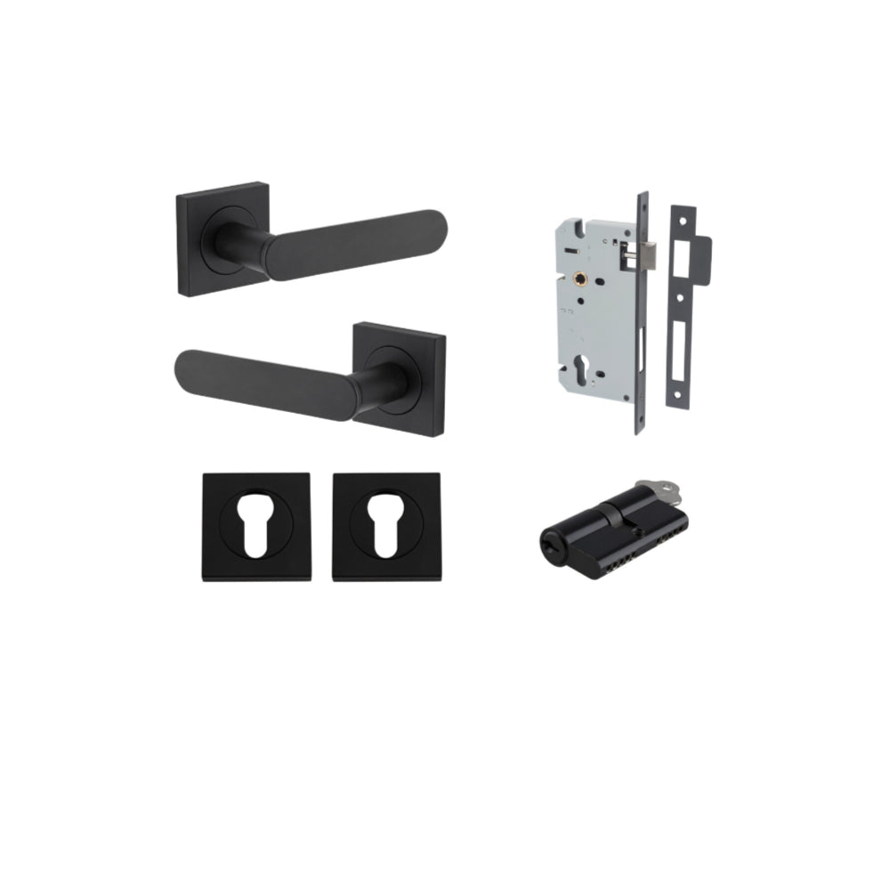 Door Lever Bronte Rose Square Pair Matt Black L117xP56mm BPH52xW52mm, Mortice Lock Euro Matt Black CTC85mm Backset 60mm, Euro Cylinder Dual Function 5 Pin Matt Black 65mm KA4, Escutcheon Euro Concealed Fix Square Pair Matt Black H52xW52xP10mm in Matt Blac