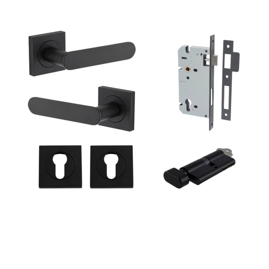 Door Lever Bronte Rose Square Pair Matt Black L117xP56mm BPH52xW52mm, Mortice Lock Euro Matt Black CTC85mm Backset 60mm, Euro Cylinder Key Thumb 5 Pin Matt Black 65mm KA4, Escutcheon Euro Concealed Fix Square Pair Matt Black H52xW52xP10mm in Matt Black