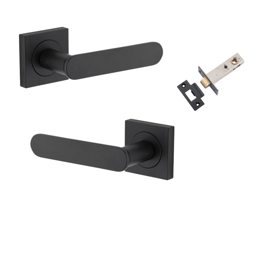 Door Lever Bronte Rose Square Matt Black L117xP56mm BPH52xW52mm Passage Kit, Tube Latch Split Cam 'T' Striker Matt Black Backset 60mm in Matt Black