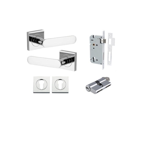 Door Lever Bronte Rose Square Pair Polished Chrome L117xP56mm BPH52xW52mm, Mortice Lock Euro Polished Chrome CTC85mm Backset 60mm, Euro Cylinder Dual Function 5 Pin 65mm KA4, Escutcheon Euro Concealed Fix Square Pair H52xW52xP10mm in Polished Chrome