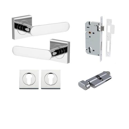 Door Lever Bronte Rose Square Pair Polished Chrome L117xP56mm BPH52xW52mm, Mortice Lock Euro Polished Chrome CTC85mm Backset 60mm, Euro Cylinder Key Thumb 5 Pin Polished Chrome 65mm KA4, Escutcheon Euro Concealed Fix Square Pair H52xW52xP10mm in Polished