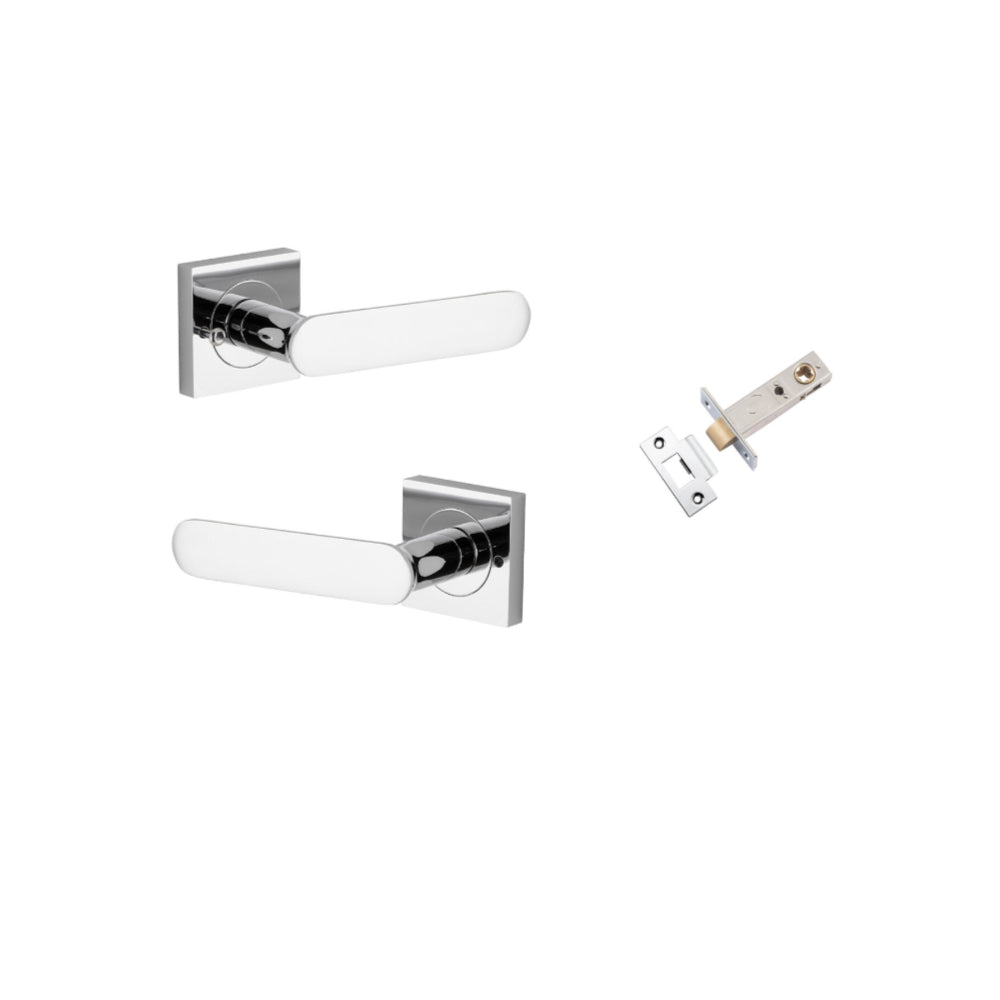 Door Lever Bronte Rose Square Polished Chrome L117xP56mm BPH52xW52mm Inbuilt Privacy Kit, Tube Latch Privacy with Faceplate & T striker Backset 60mm in Polished Chrome