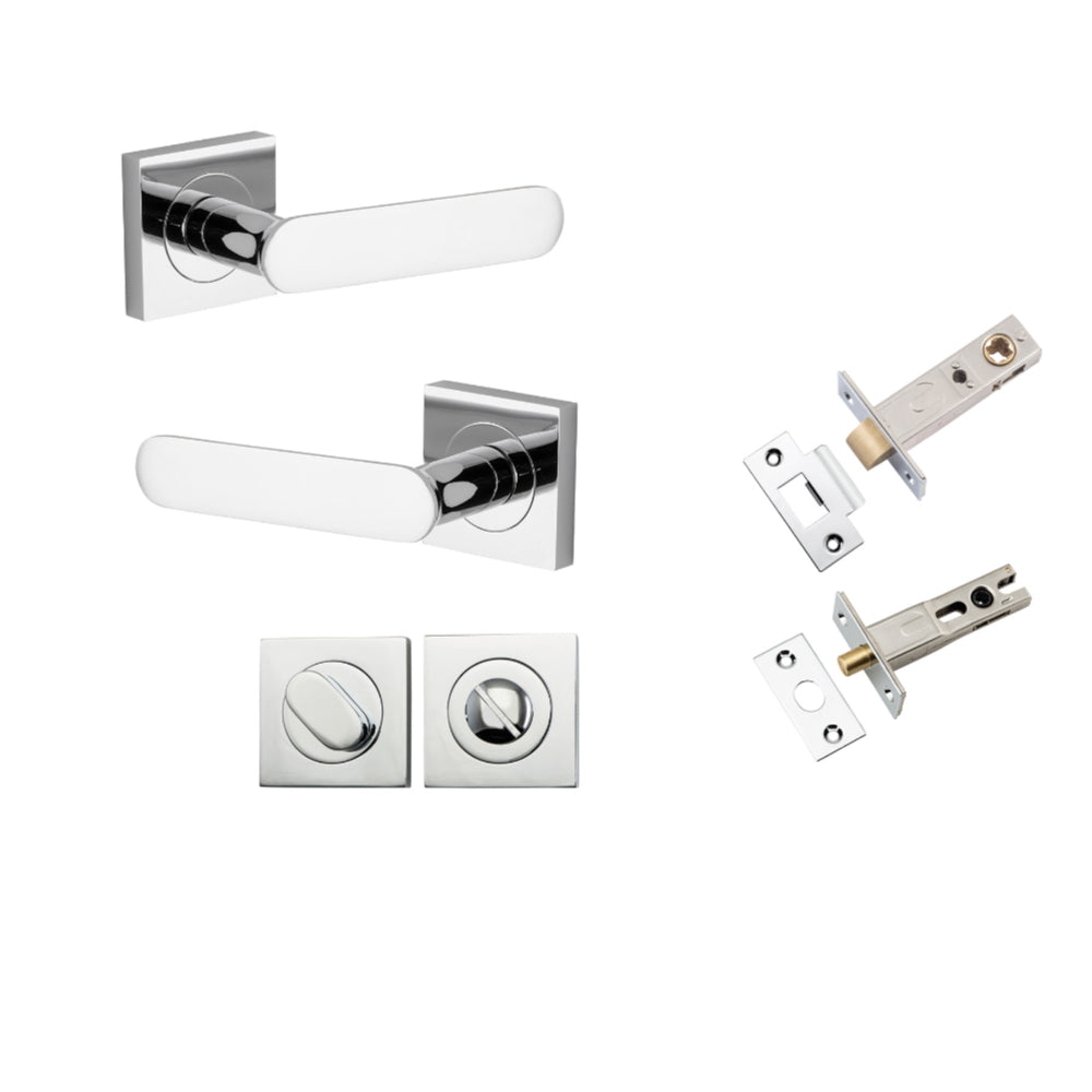 Door Lever Bronte Rose Square Polished Chrome L117xP56mm BPH52xW52mm Privacy Kit, Tube Latch Split Cam 'T' Striker Polished Chrome Backset 60mm, Privacy Bolt Round Bolt Backset 60mm, Privacy Turn Oval Concealed Fix Square H52xW52xP23mm in Polished Chrome