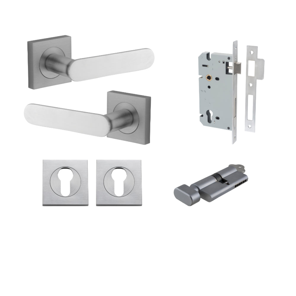 Door Lever Bronte Rose Square Pair Brushed Chrome L117xP56mm BPH52xW52mm, Mortice Lock Euro Brushed Chrome CTC85mm Backset 60mm, Euro Cylinder Key Thumb 5 Pin Brushed Chrome 65mm KA4, Escutcheon Euro Concealed Fix Square Pair H52xW52xP10mm in Brushed Chro