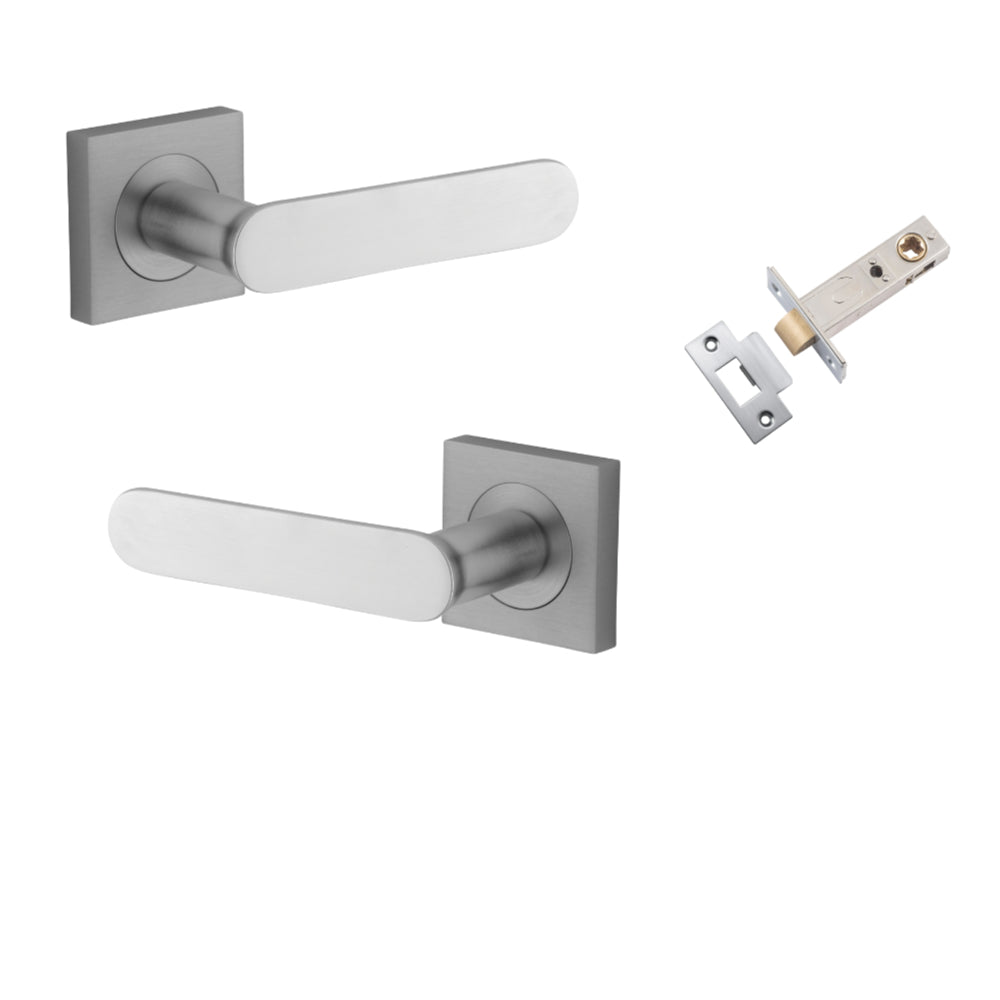 Door Lever Bronte Rose Square Brushed Chrome L117xP56mm BPH52xW52mm Passage Kit, Tube Latch Split Cam 'T' Striker Brushed Chrome Backset 60mm in Brushed Chrome