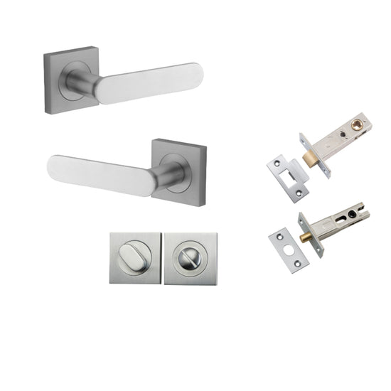 Door Lever Bronte Rose Square Brushed Chrome L117xP56mm BPH52xW52mm Privacy Kit, Tube Latch Split Cam 'T' Striker Brushed Chrome Backset 60mm, Privacy Bolt Round Bolt Brushed Chrome Backset 60mm, Privacy Turn Oval Concealed Fix Square H52xW52xP23mm in Bru