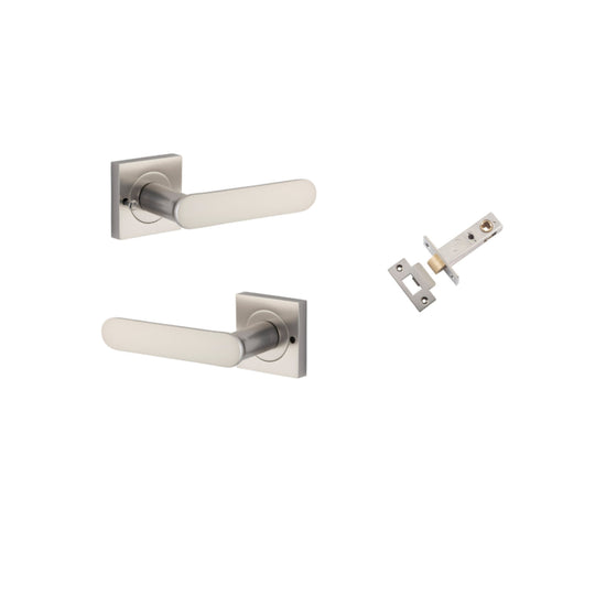 Door Lever Bronte Rose Square Satin Nickel L117xP56mm BPH52xW52mm Inbuilt Privacy Kit, Tube Latch Privacy with Faceplate & T striker Backset 60mm in Satin Nickel