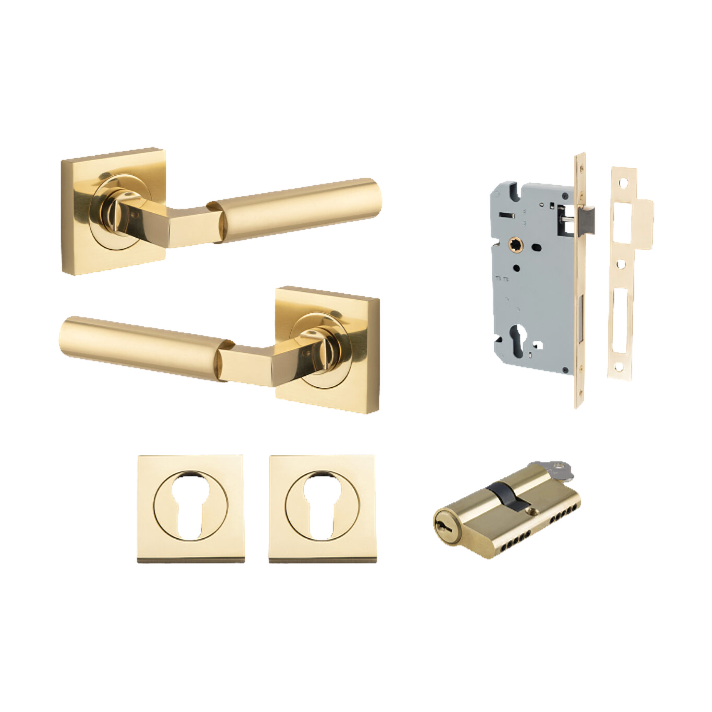 Door Lever Berlin Rose Square Pair Polished Brass L120xP60mm BPH52xW52mm, Mortice Lock Euro Polished Brass CTC85mm Backset 60mm, Euro Cylinder Dual Function 5 Pin Polished Brass 65mm KA4, Escutcheon Euro Concealed Fix Square Pair H52xW52xP10mm in Polished Brass