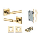 Door Lever Berlin Rose Square Pair Polished Brass L120xP60mm BPH52xW52mm, Mortice Lock Euro Polished Brass CTC85mm Backset 60mm, Euro Cylinder Dual Function 5 Pin Polished Brass 65mm KA4, Escutcheon Euro Concealed Fix Square Pair H52xW52xP10mm in Polished Brass