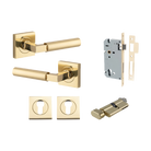 Door Lever Berlin Rose Square Pair Polished Brass L120xP60mm BPH52xW52mm, Mortice Lock Euro Polished Brass CTC85mm Backset 60mm, Euro Cylinder Key Thumb 5 Pin Polished Brass 65mm KA4, Escutcheon Euro Concealed Fix Square Pair H52xW52xP10mm in Polished Brass