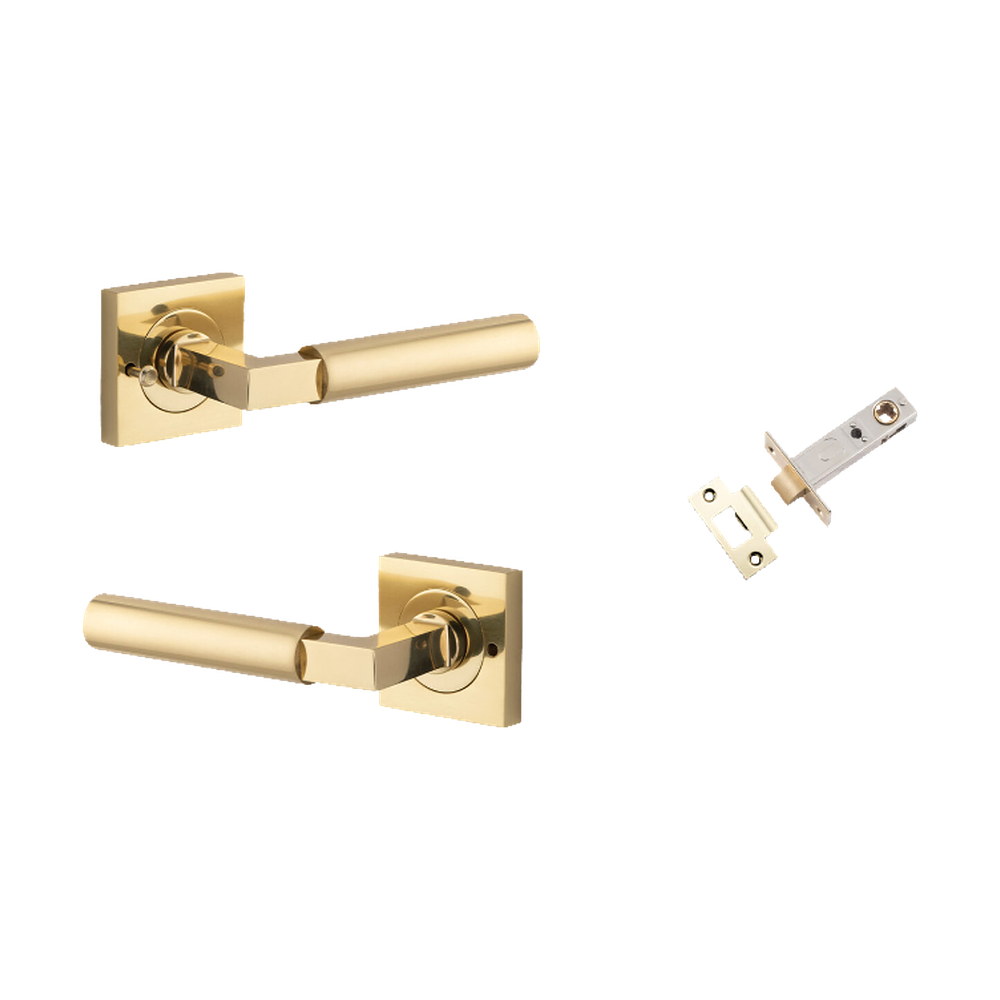 Door Lever Berlin Rose Square Polished Brass L120xP60mm BPH52xW52mm Inbuilt Privacy Kit, Tube Latch Privacy with Faceplate & T striker Backset 60mm in Polished Brass