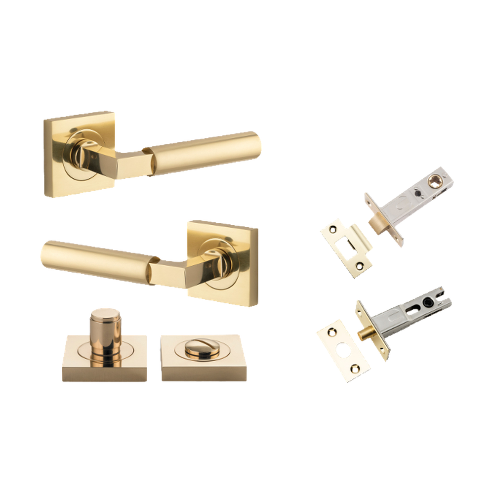 Door Lever Berlin Rose Square Polished Brass L120xP60mm BPH52xW52mm Privacy Kit, Tube Latch Split Cam 'T' Striker Polished Brass Backset 60mm, Privacy Bolt Round Bolt Polished Brass Backset 60mm, Privacy Turn Berlin Concealed Fix Square D52xP35mm in Polished Brass