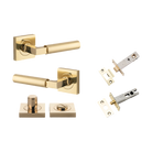 Door Lever Berlin Rose Square Polished Brass L120xP60mm BPH52xW52mm Privacy Kit, Tube Latch Split Cam 'T' Striker Polished Brass Backset 60mm, Privacy Bolt Round Bolt Polished Brass Backset 60mm, Privacy Turn Berlin Concealed Fix Square D52xP35mm in Polished Brass