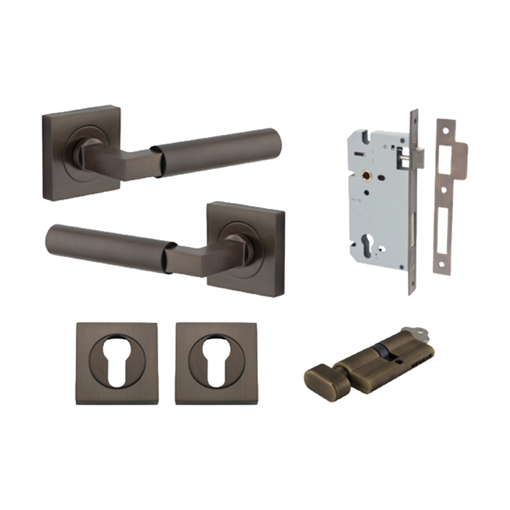 Door Lever Berlin Rose Square Pair Signature Brass L120xP60mm BPH52xW52mm, Mortice Lock Euro Signature Brass CTC85mm Backset 60mm, Euro Cylinder Key Thumb 5 Pin Signature Brass 65mm KA4, Escutcheon Euro Concealed Fix Square Pair H52xW52xP10mm in Signature Brass