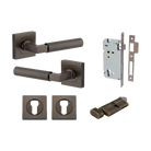 Door Lever Berlin Rose Square Pair Signature Brass L120xP60mm BPH52xW52mm, Mortice Lock Euro Signature Brass CTC85mm Backset 60mm, Euro Cylinder Key Thumb 5 Pin Signature Brass 65mm KA4, Escutcheon Euro Concealed Fix Square Pair H52xW52xP10mm in Signature Brass