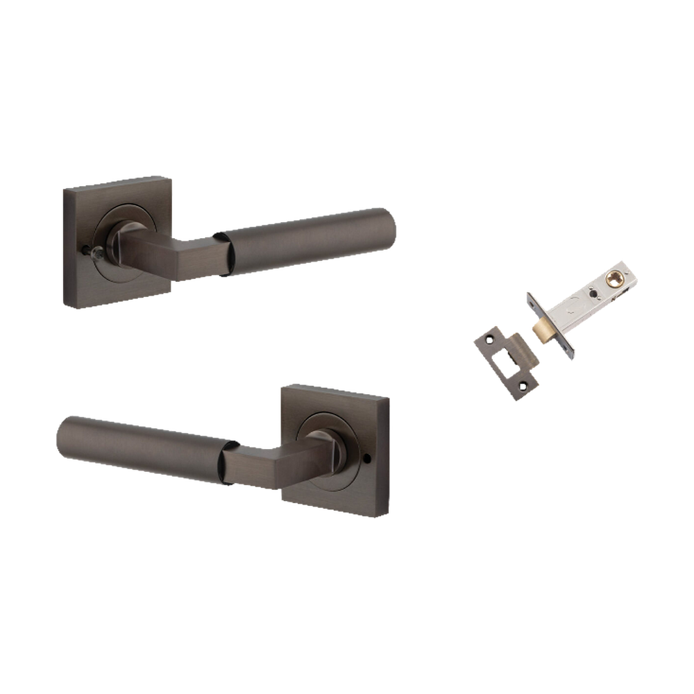 Door Lever Berlin Rose Square Signature Brass L120xP60mm BPH52xW52mm Inbuilt Privacy Kit, Tube Latch Privacy with Faceplate & T striker Backset 60mm in Signature Brass